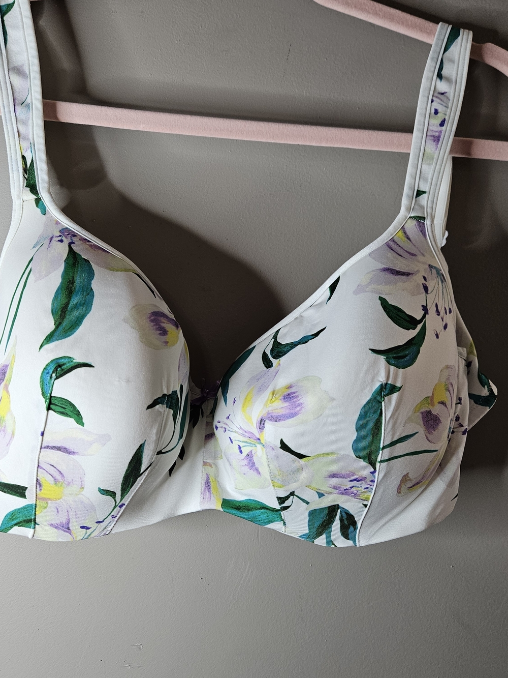 Cacique White Floral Underwire Bra with Green & Purple Accents